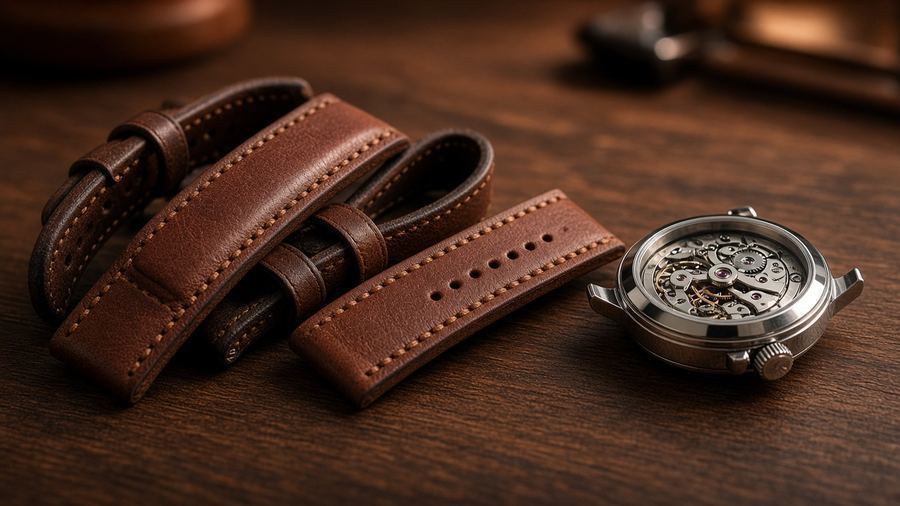 We cut, stitch, and burnish straps to your lug width and wrist curve, then refine the buck
