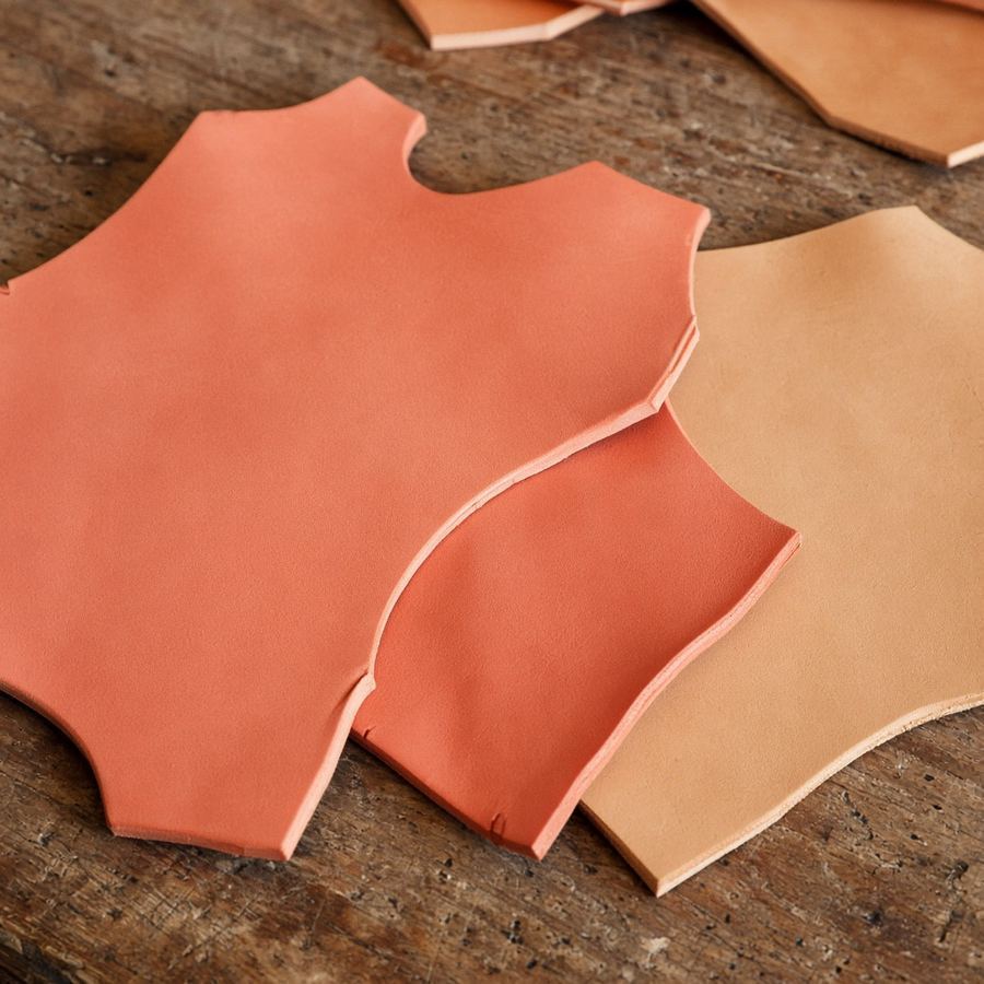 Vegetable tanned leather hide on bench