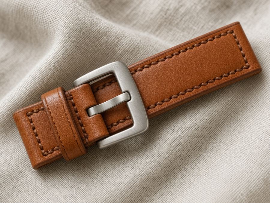 2.0 mm vegetable-tanned strap with contrast stitch and brushed hardware.